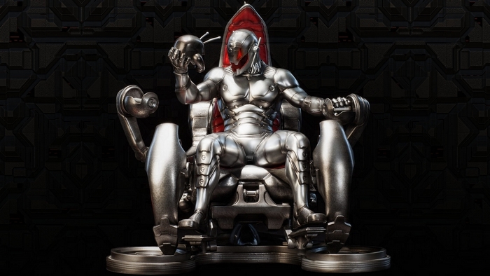 Ultron sitting on a throne