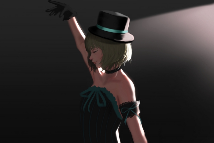 Kaede Takagaki in a black dress and top hat