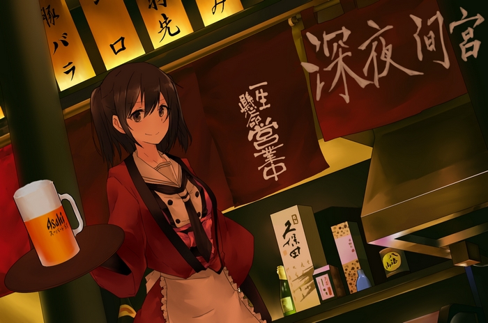 Girl in red uniform serving beer in izakaya