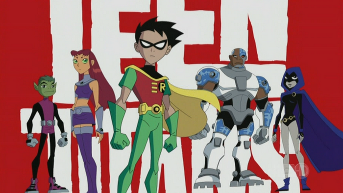 Teen Titans characters standing in front of a red background