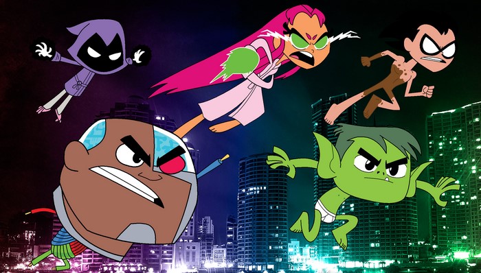 Teen Titans Go! characters flying over a city