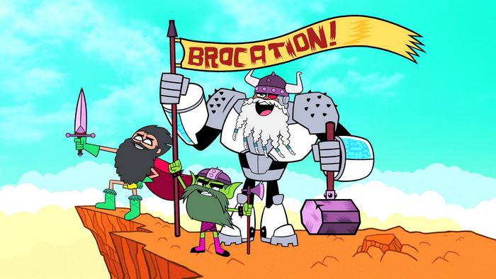 Teen Titans Go! characters with beards on a cliff