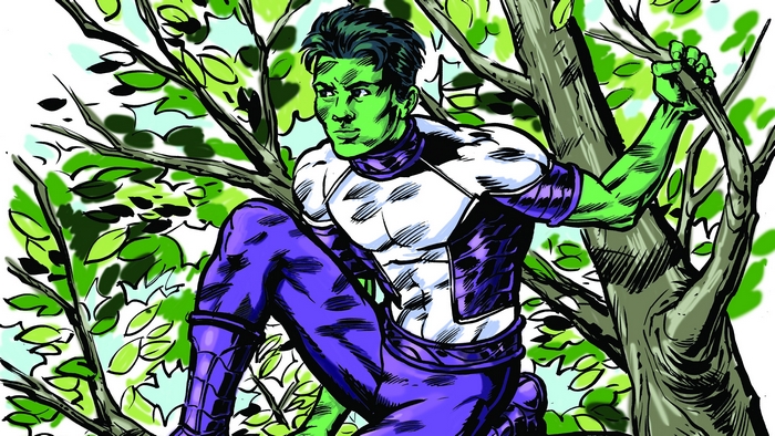 Beast Boy climbing a tree
