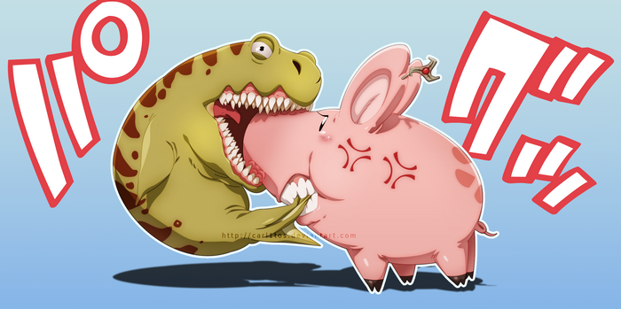 Hawk from The Seven Deadly Sins being eaten by a dinosaur