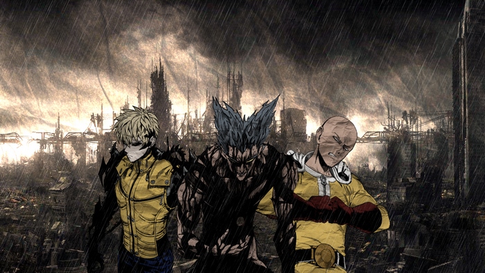 Genos, Garou, and Saitama from One-Punch Man in a ruined city