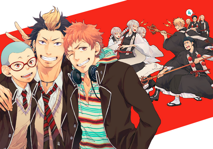 Blue Exorcist characters in school uniforms and exorcist robes