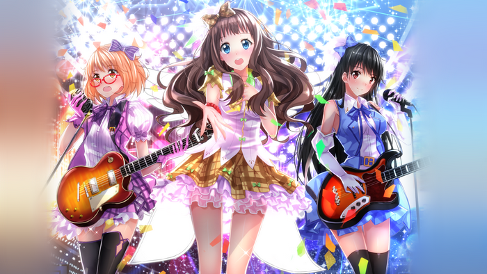 Three girls performing on stage with guitars and microphones
