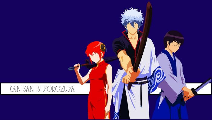 Gintama characters Kagura, Gintoki, and Shinpachi