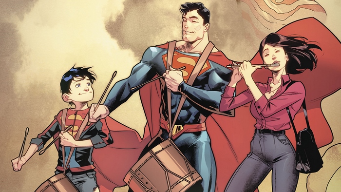 Superman, Superboy, and Lois Lane playing music
