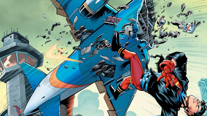 Superboy falling from a destroyed airplane