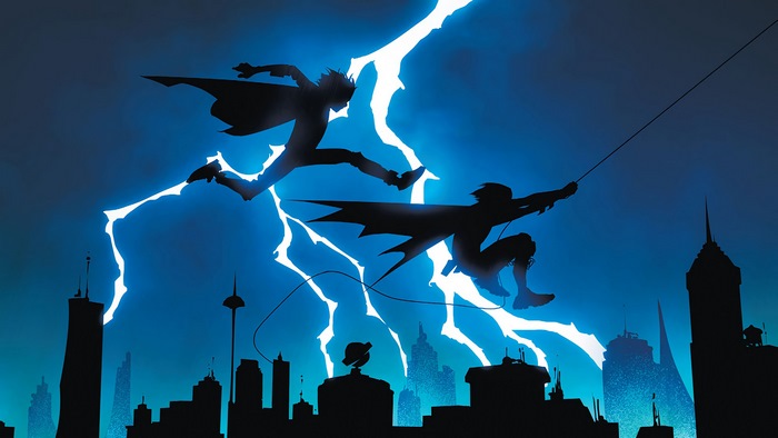 Two figures in silhouette against lightning over a city skyline