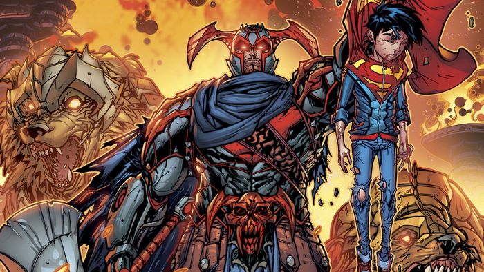 Superboy and armored figures with monstrous creatures
