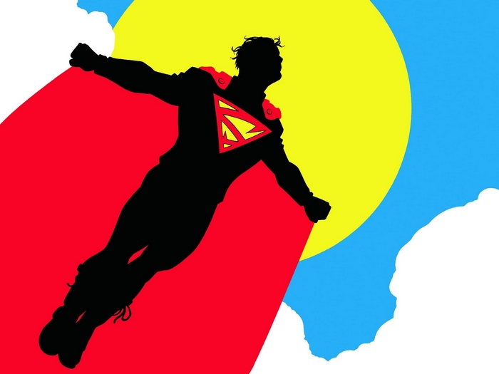 Superman flying in front of the sun