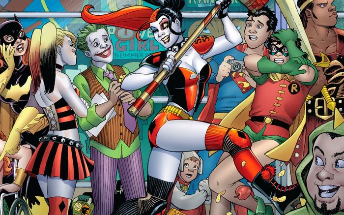 Harley Quinn, Joker, Superman, Robin, Batgirl, and others