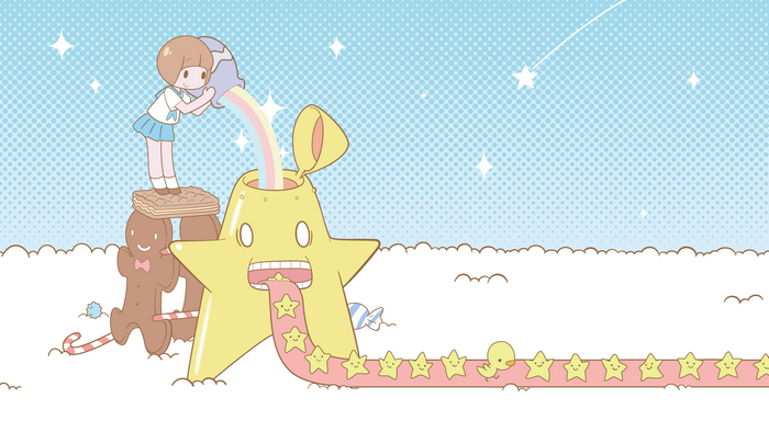 Mako Mankanshoku pouring rainbow from a bucket