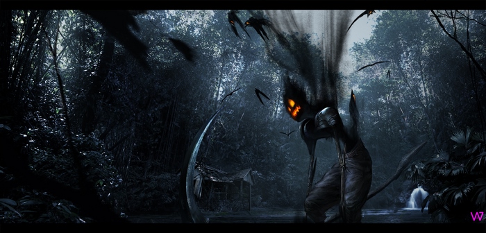 Fiddlesticks from League of Legends in a dark forest