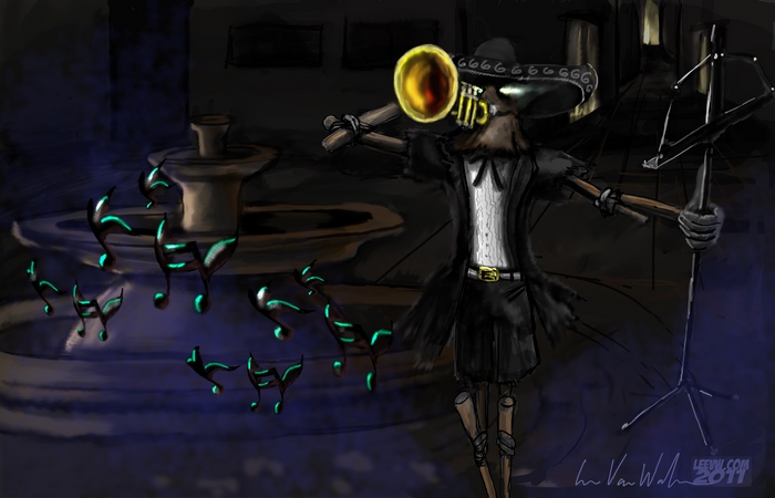 Fiddlesticks from League of Legends playing a trumpet