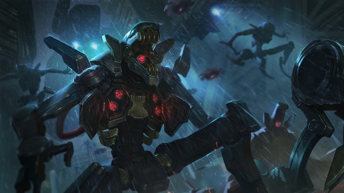 Fiddlesticks from League of Legends in a rainy city