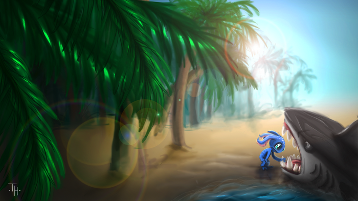 Fizz from League of Legends facing a shark