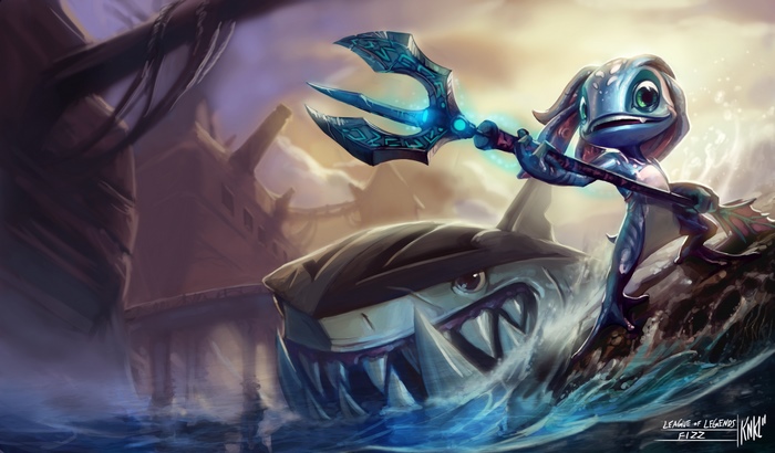 Fizz riding a shark from League of Legends