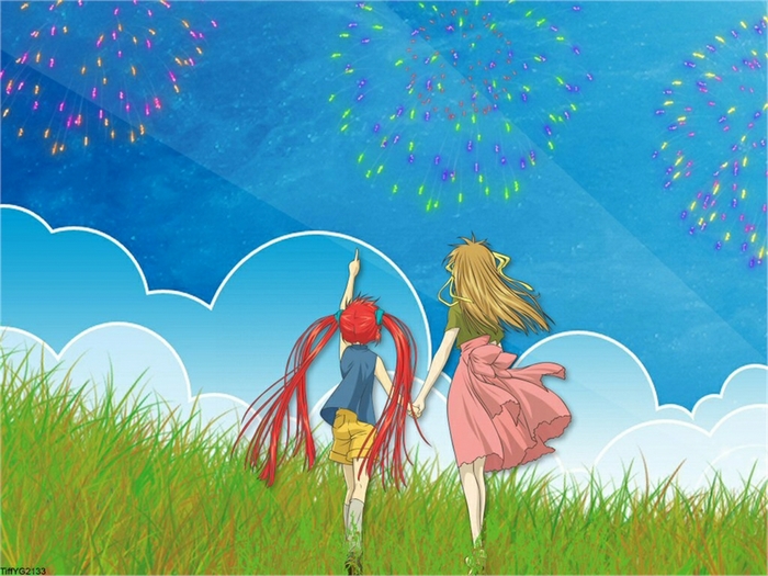 Two girls watching fireworks