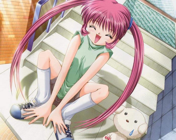 Michiru sitting on stairs with teddy bear