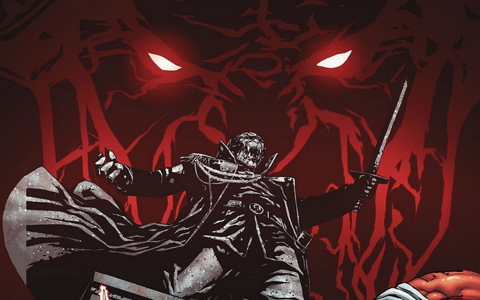 Red Lantern with glowing eyes in background