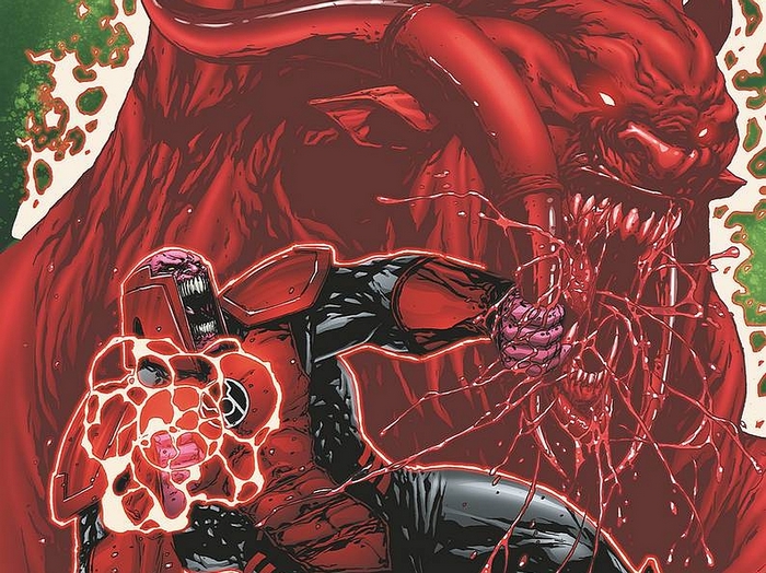 Red Lantern fighting a red monster