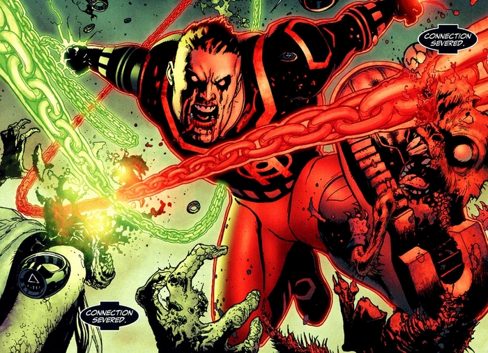 Red Lantern fighting zombies with chains