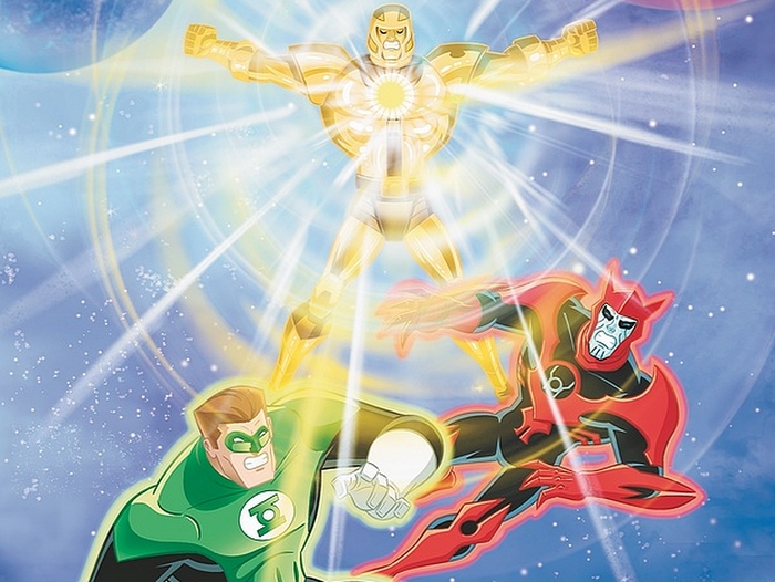 Green Lantern, Red Lantern, and a golden figure in space