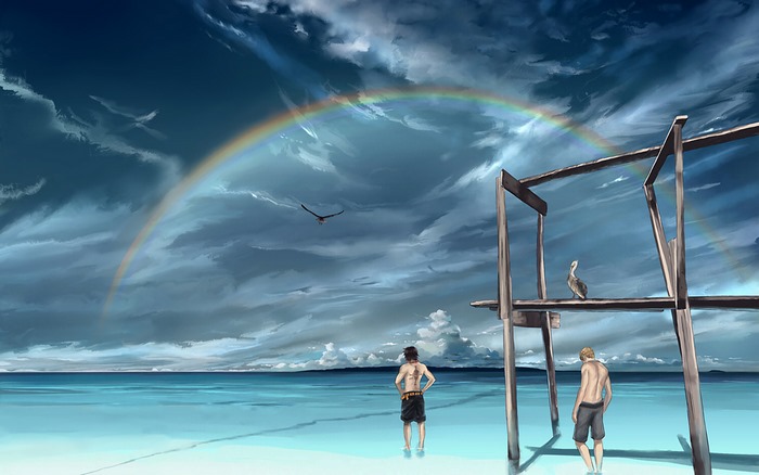 Marco from One Piece on a beach with a rainbow