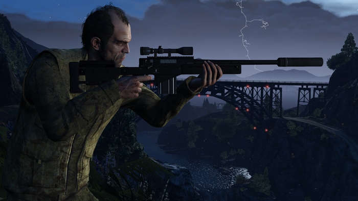Trevor Philips with sniper rifle near bridge