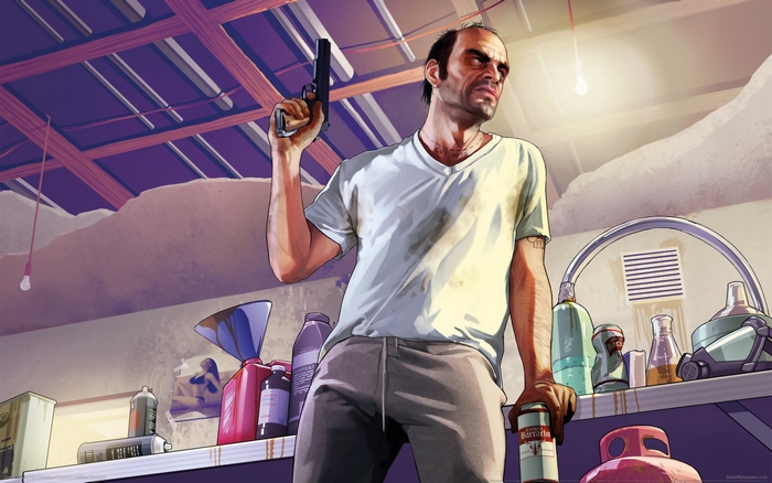 Trevor Philips from Grand Theft Auto V holding a gun
