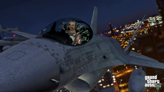 Trevor Philips from Grand Theft Auto V piloting a jet