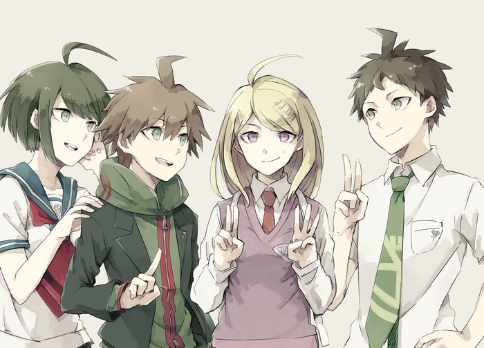 Makoto Naegi, Hajime Hinata, Kaede Akamatsu, and Komaru Naegi from Danganronpa