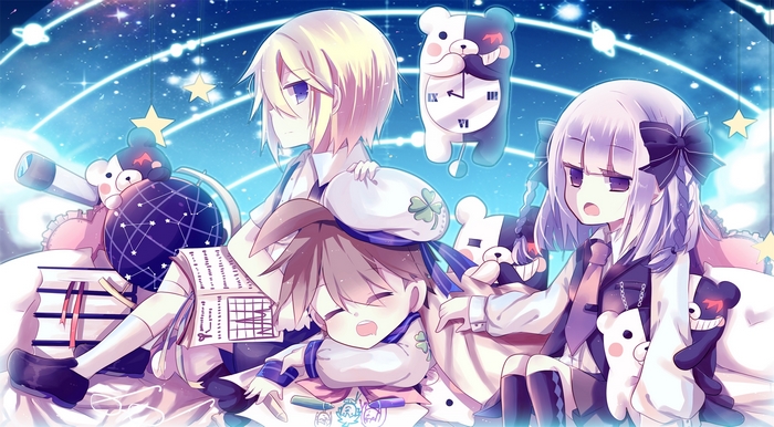 Makoto Naegi and friends in a starry sky