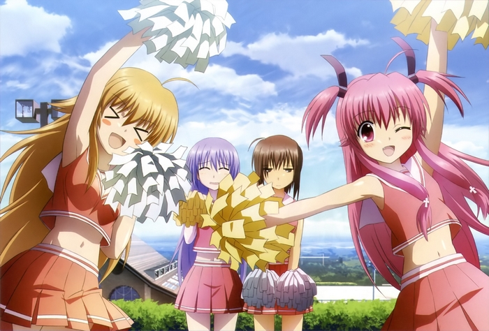 Four anime girls in cheerleading outfits with pom-poms