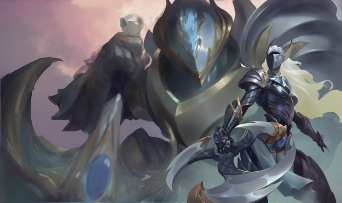 Sivir from League of Legends with a large armored figure