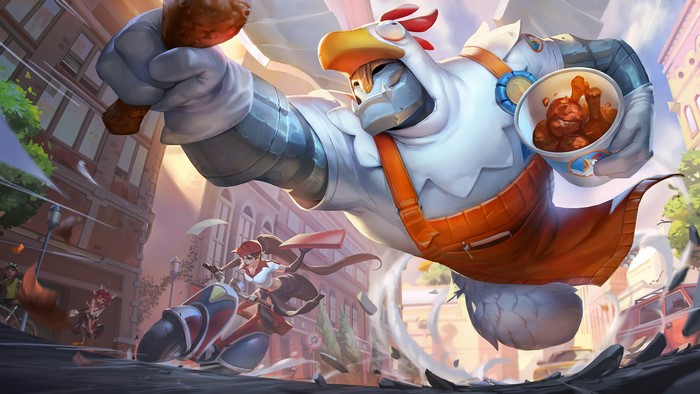 Sivir from League of Legends with a giant chicken character