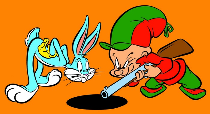 Bugs Bunny and Elmer Fudd with a shotgun