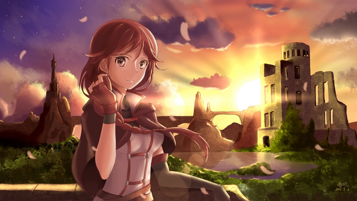 Yume from Grimgar of Fantasy and Ash at sunset