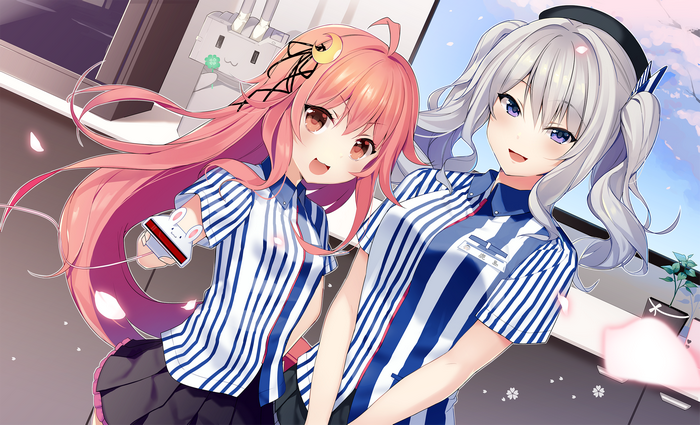Two anime girls in striped uniforms