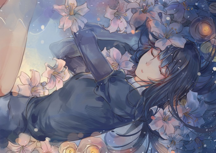 Lapis Lazuli from Houseki no Kuni sleeping among flowers