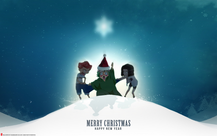 3 characters on a snowy hill with Merry Christmas text