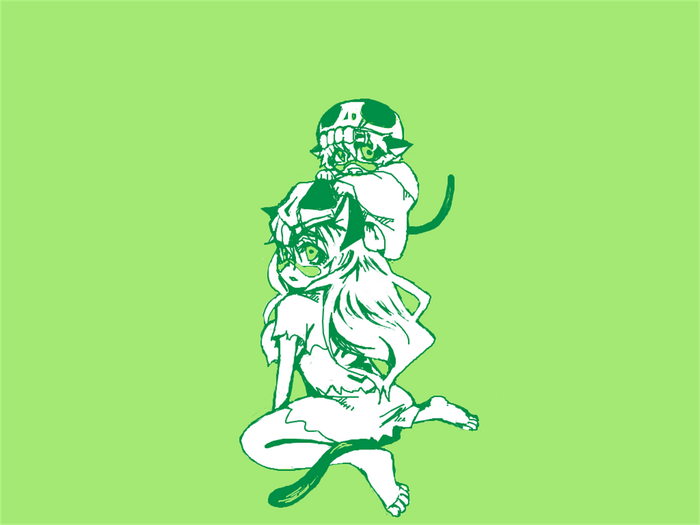 Anime characters with cat ears on green background