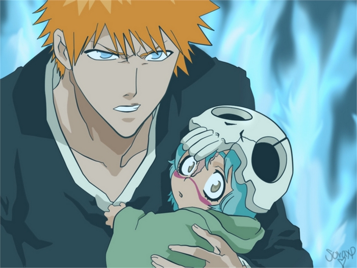 Ichigo Kurosaki holding Nel Tu from Bleach