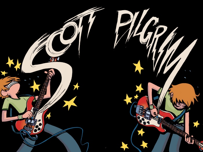 Scott Pilgrim playing bass guitar with stars