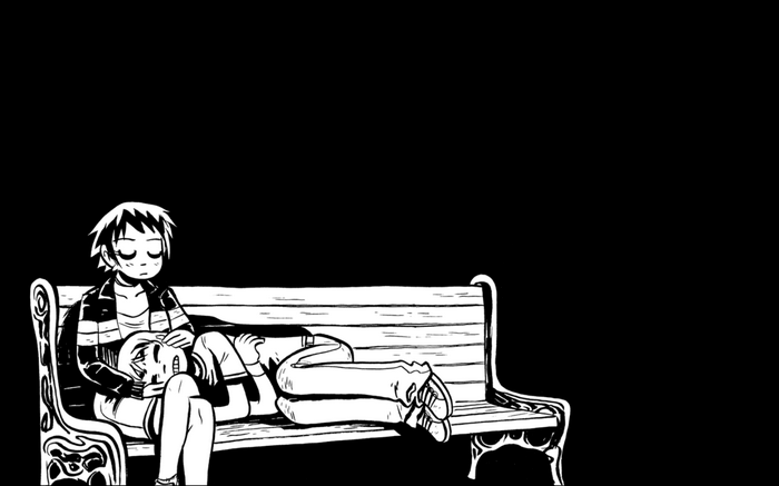 Scott Pilgrim on a bench