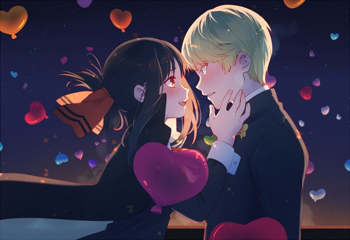 Kaguya Shinomiya and Miyuki Shirogane with heart balloons