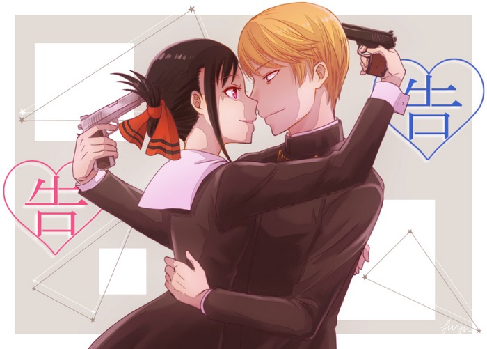 Kaguya Shinomiya and Miyuki Shirogane with guns